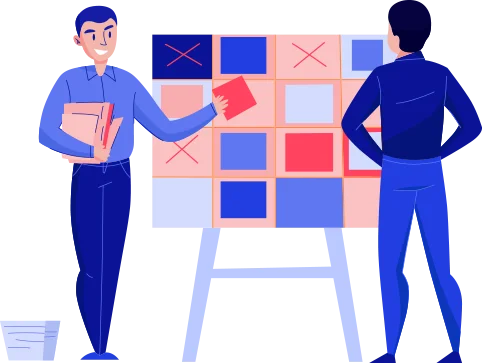 Man dressed in blue outfit working on taskboard